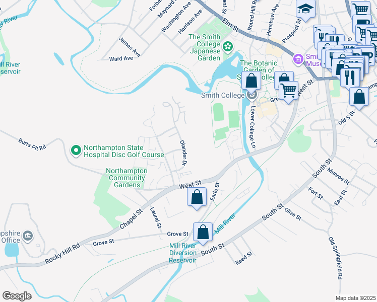 map of restaurants, bars, coffee shops, grocery stores, and more near 57 Olander Drive in Northampton