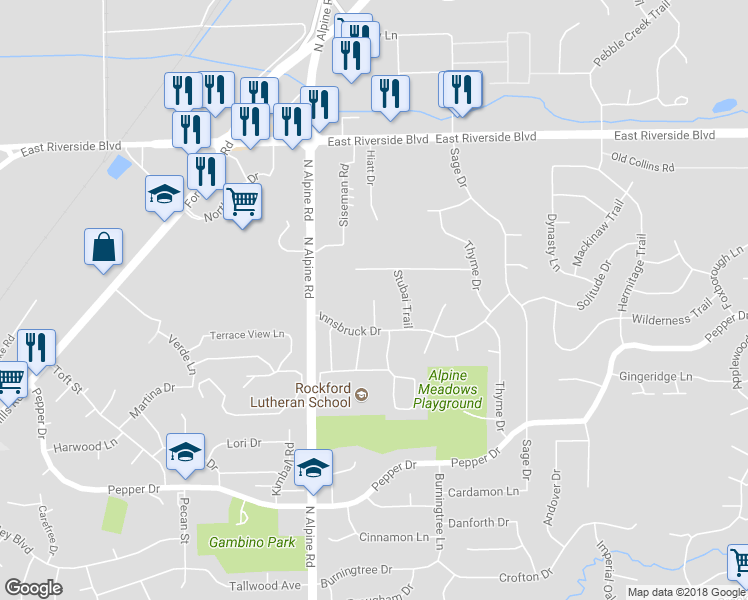 map of restaurants, bars, coffee shops, grocery stores, and more near 3661 Grenoble Court in Rockford