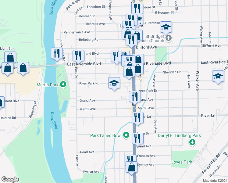 map of restaurants, bars, coffee shops, grocery stores, and more near 344 Grand Avenue in Loves Park