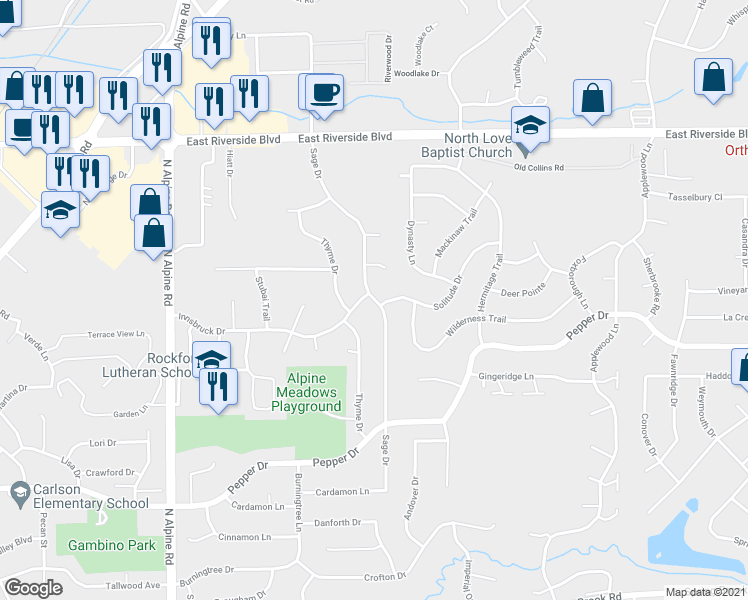 map of restaurants, bars, coffee shops, grocery stores, and more near 3628 Sage Drive in Rockford