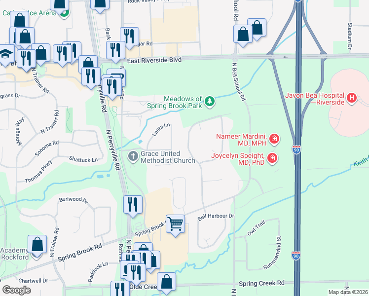 map of restaurants, bars, coffee shops, grocery stores, and more near 3621 Springwheat in Rockford