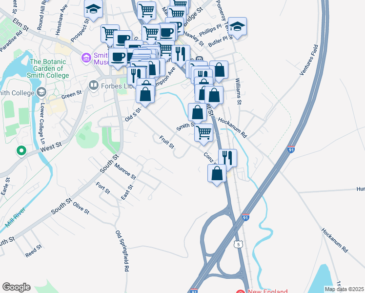 map of restaurants, bars, coffee shops, grocery stores, and more near 81 Conz Street in Northampton