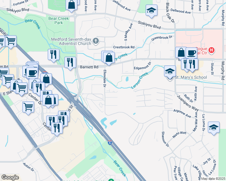 map of restaurants, bars, coffee shops, grocery stores, and more near 1055 Ellendale Drive in Medford