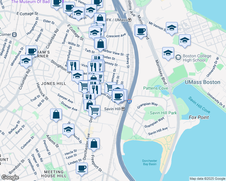 map of restaurants, bars, coffee shops, grocery stores, and more near 17 Sagamore Street in Boston