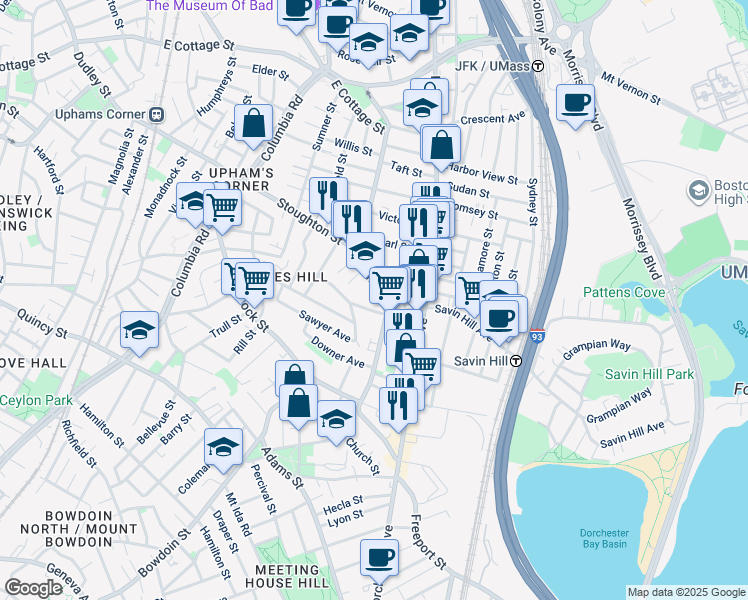 map of restaurants, bars, coffee shops, grocery stores, and more near 75 Pleasant Street in Boston