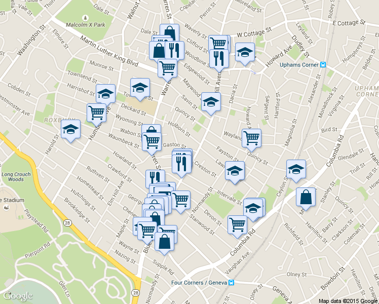map of restaurants, bars, coffee shops, grocery stores, and more near 36 Gaston Street in Boston