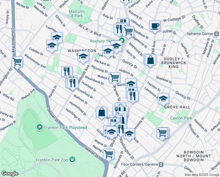 map of restaurants, bars, coffee shops, grocery stores, and more near 16 Waumbeck Street in Boston