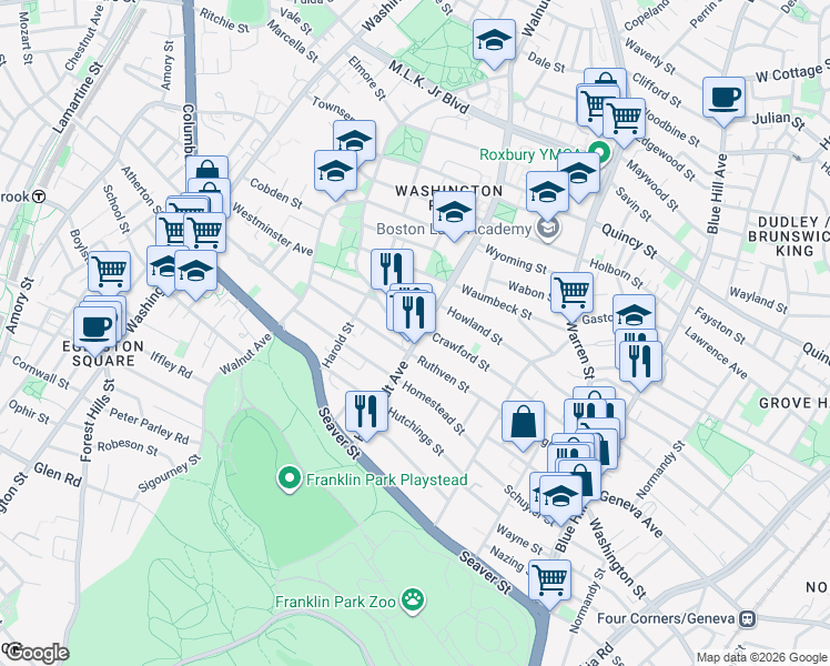 map of restaurants, bars, coffee shops, grocery stores, and more near in Boston