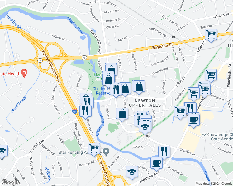 map of restaurants, bars, coffee shops, grocery stores, and more near 1046 Chestnut Street in Newton