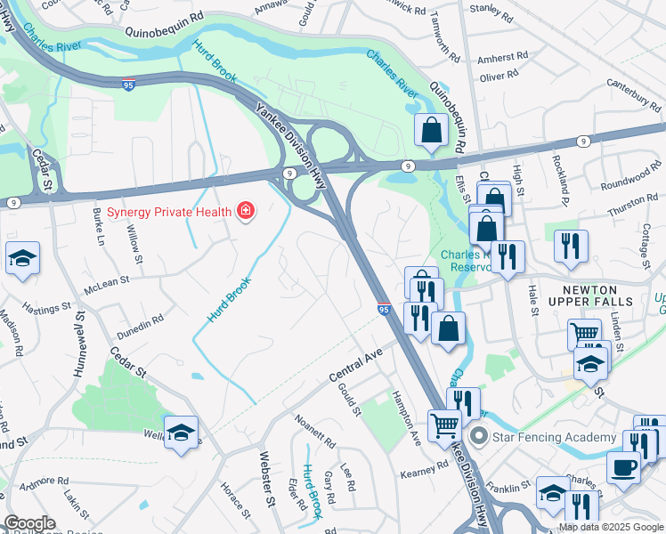 map of restaurants, bars, coffee shops, grocery stores, and more near 27 Sherman Street in Needham