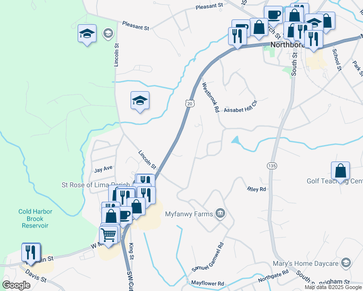 map of restaurants, bars, coffee shops, grocery stores, and more near 183 West Main Street in Northborough