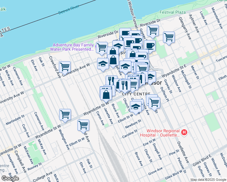 map of restaurants, bars, coffee shops, grocery stores, and more near 539 Church Street in Windsor