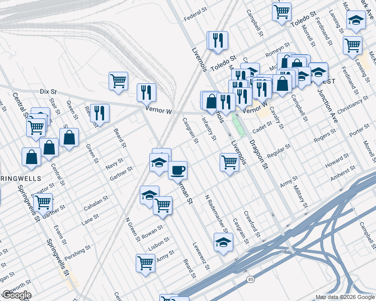 map of restaurants, bars, coffee shops, grocery stores, and more near 1769 Casgrain Street in Detroit