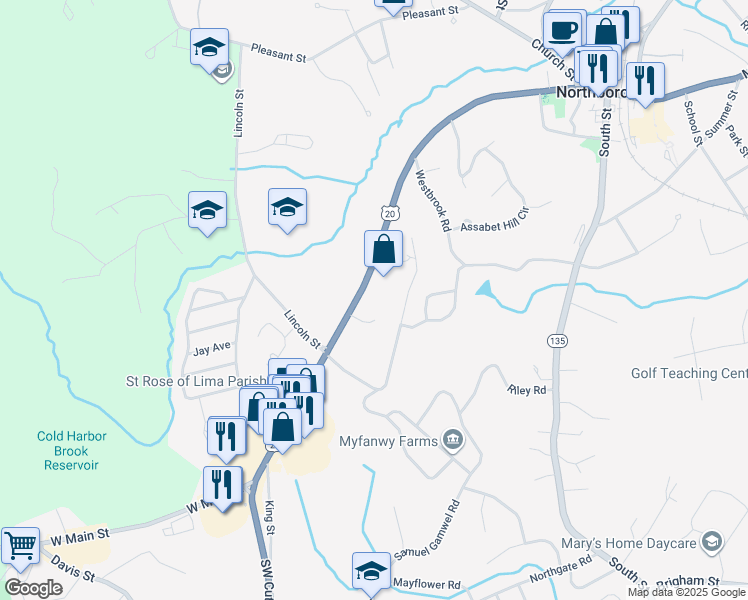 map of restaurants, bars, coffee shops, grocery stores, and more near 183 West Main Street in Northborough