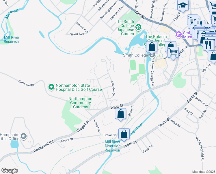 map of restaurants, bars, coffee shops, grocery stores, and more near 25 Moser Street in Northampton