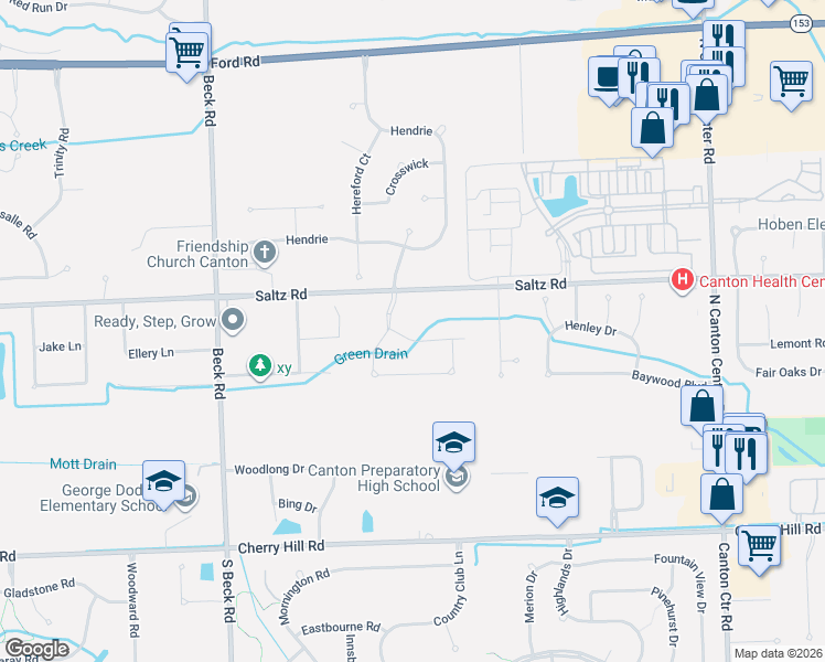 map of restaurants, bars, coffee shops, grocery stores, and more near 46625 Saltz Road in Canton