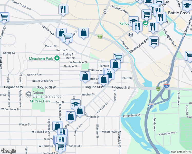 map of restaurants, bars, coffee shops, grocery stores, and more near 52 Caroline Street in Battle Creek
