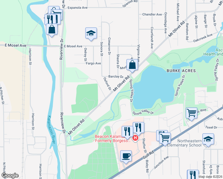 map of restaurants, bars, coffee shops, grocery stores, and more near 2235 Mount Olivet Road in Kalamazoo