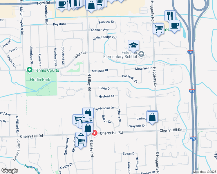 map of restaurants, bars, coffee shops, grocery stores, and more near 42194 Gloria Drive in Canton