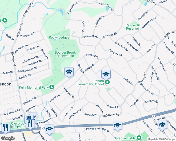 map of restaurants, bars, coffee shops, grocery stores, and more near in Wellesley