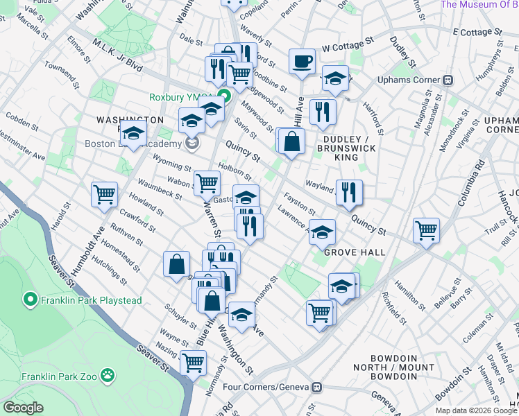 map of restaurants, bars, coffee shops, grocery stores, and more near 36 Gaston Street in Boston