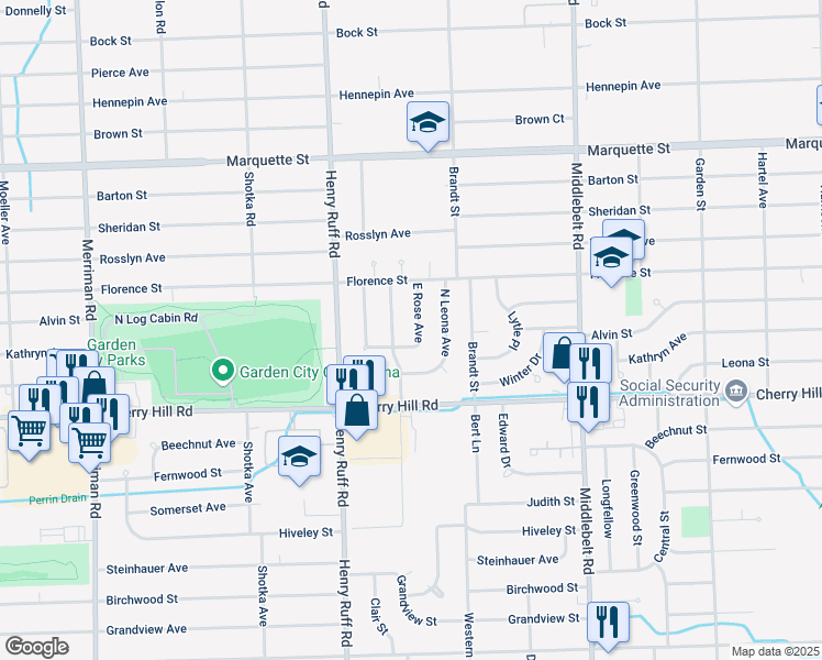 map of restaurants, bars, coffee shops, grocery stores, and more near 441 East Rose Avenue in Garden City