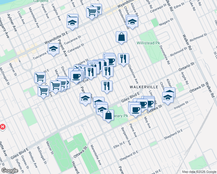 map of restaurants, bars, coffee shops, grocery stores, and more near in Windsor