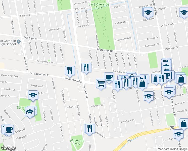 map of restaurants, bars, coffee shops, grocery stores, and more near 11662 Tecumseh Road East in Windsor