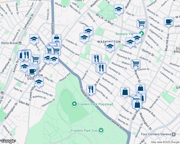 map of restaurants, bars, coffee shops, grocery stores, and more near 225 Harold Street in Boston