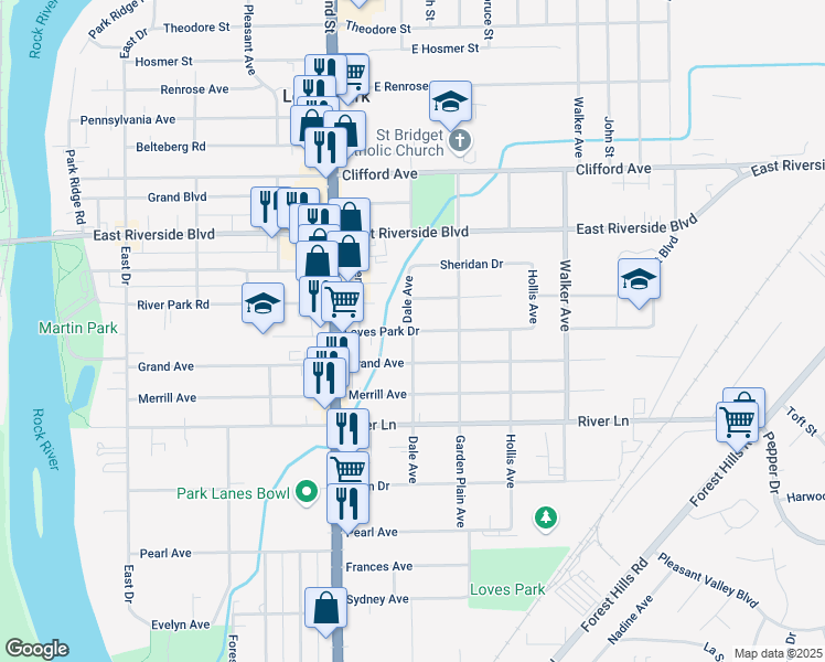 map of restaurants, bars, coffee shops, grocery stores, and more near Loves Park Drive in Loves Park