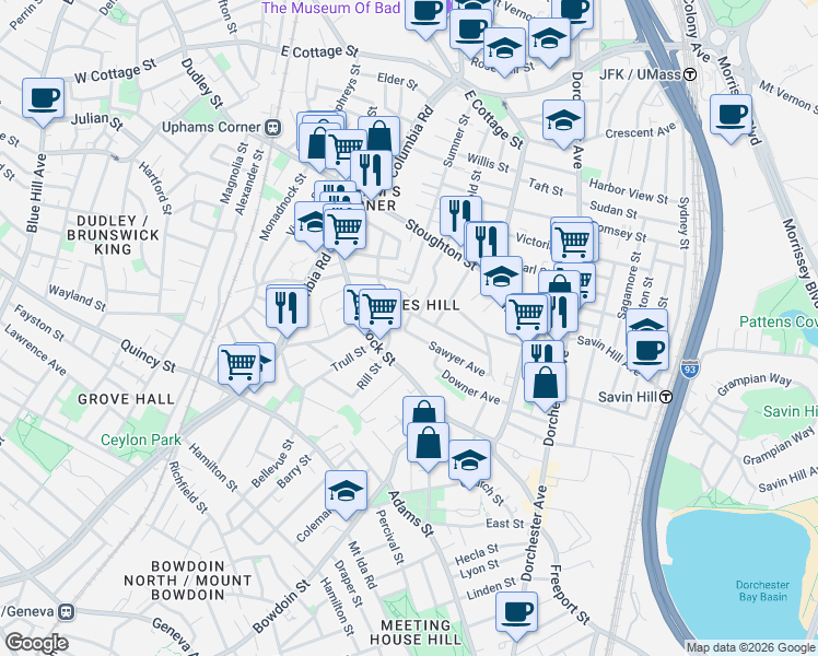 map of restaurants, bars, coffee shops, grocery stores, and more near 17 Rowell Street in Boston