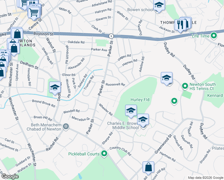 map of restaurants, bars, coffee shops, grocery stores, and more near 412 Parker Street in Newton