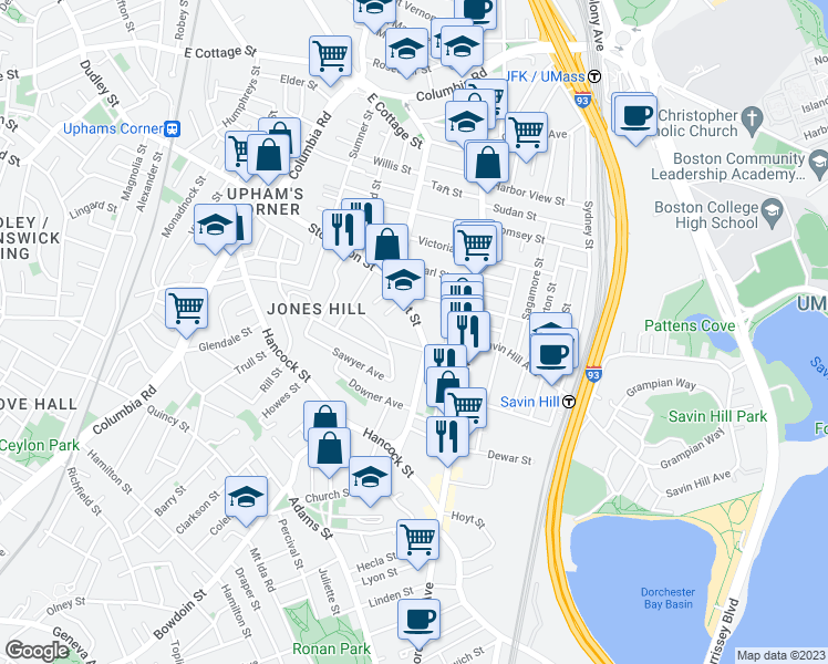 map of restaurants, bars, coffee shops, grocery stores, and more near 77 Pleasant Street in Boston