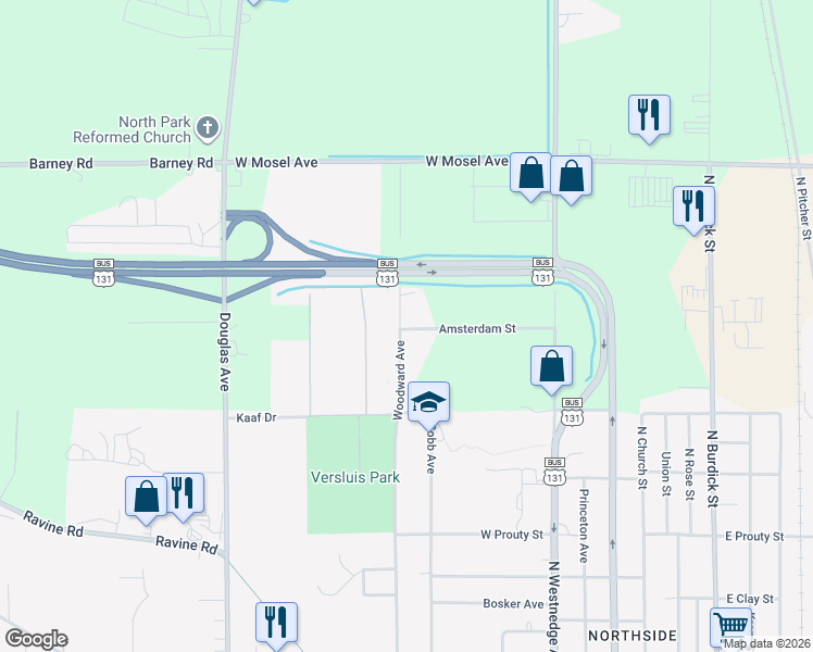 map of restaurants, bars, coffee shops, grocery stores, and more near 2206 Woodward Avenue in Kalamazoo