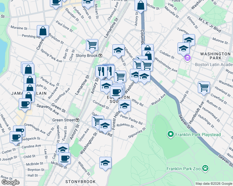 map of restaurants, bars, coffee shops, grocery stores, and more near 42 Haverford Street in Boston