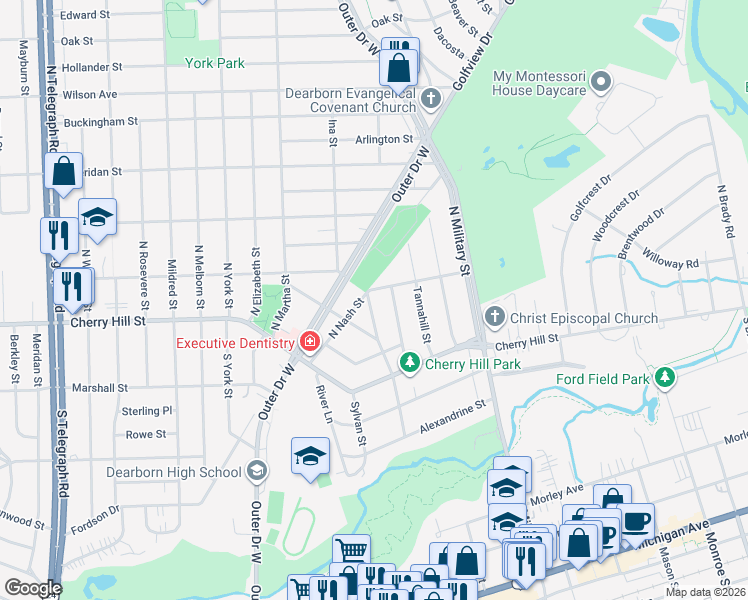 map of restaurants, bars, coffee shops, grocery stores, and more near 361 North Nash Street in Dearborn