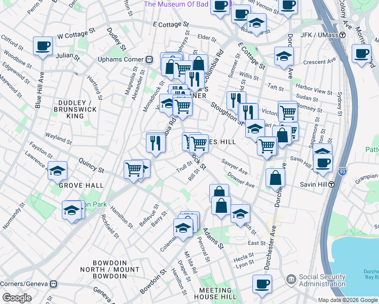map of restaurants, bars, coffee shops, grocery stores, and more near 67 Hancock Street in Boston