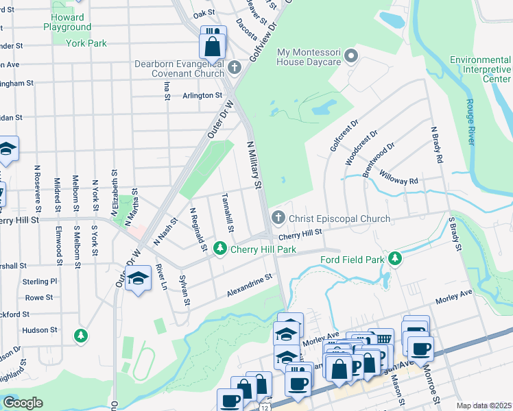 map of restaurants, bars, coffee shops, grocery stores, and more near 311 North Military Street in Dearborn