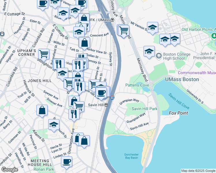 map of restaurants, bars, coffee shops, grocery stores, and more near 47 Tuttle Street in Boston