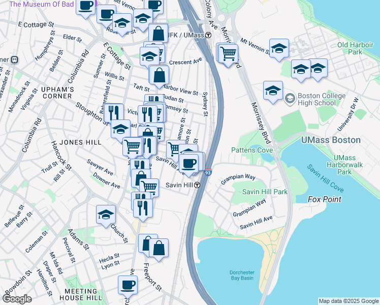 map of restaurants, bars, coffee shops, grocery stores, and more near 47 Tuttle Street in Boston