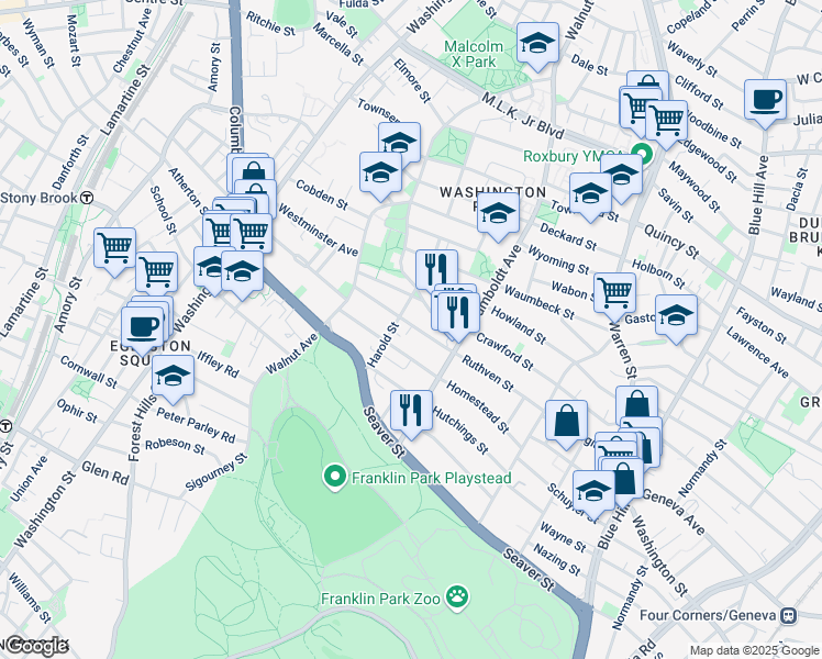 map of restaurants, bars, coffee shops, grocery stores, and more near 102 Crawford Street in Boston