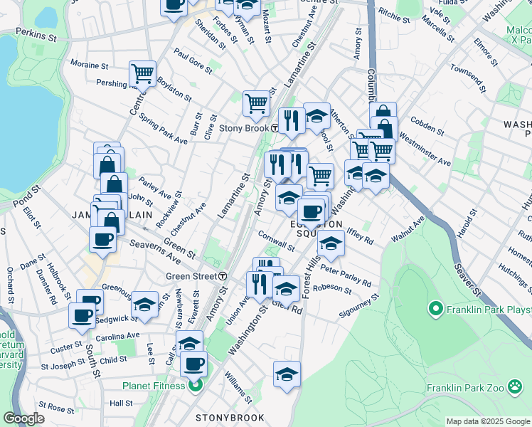 map of restaurants, bars, coffee shops, grocery stores, and more near 36-44 Merriam Street in Boston