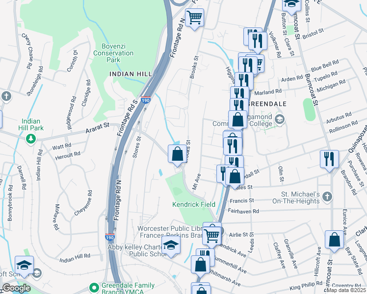 map of restaurants, bars, coffee shops, grocery stores, and more near 103 Brooks Street in Worcester