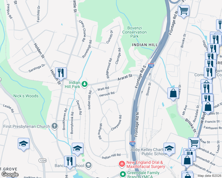 map of restaurants, bars, coffee shops, grocery stores, and more near 14 Delaval Road in Worcester