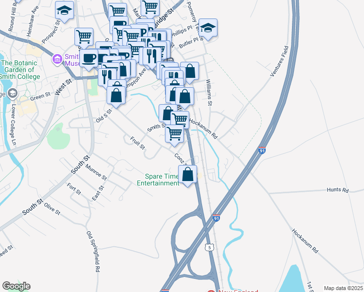map of restaurants, bars, coffee shops, grocery stores, and more near 14 Wright Avenue in Northampton