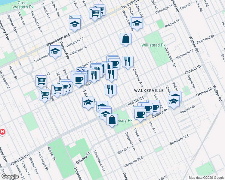 map of restaurants, bars, coffee shops, grocery stores, and more near in Windsor