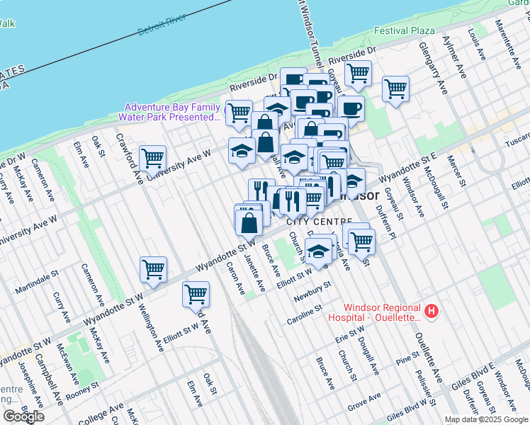 map of restaurants, bars, coffee shops, grocery stores, and more near 539 Church Street in Windsor