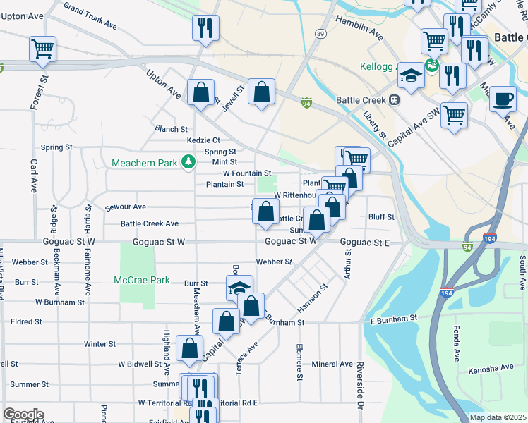 map of restaurants, bars, coffee shops, grocery stores, and more near 121 West Rittenhouse Avenue in Battle Creek