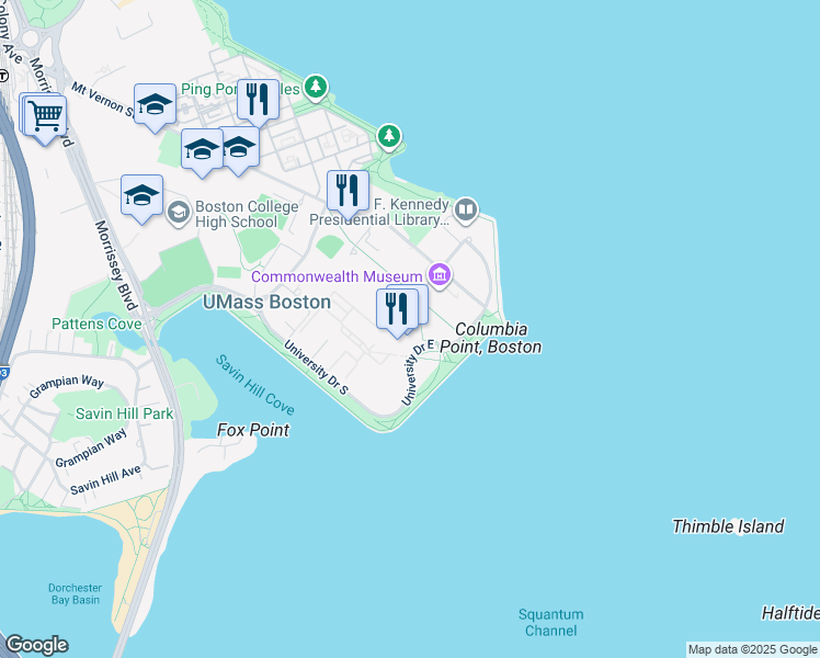 map of restaurants, bars, coffee shops, grocery stores, and more near 100 Morrissey Boulevard in Boston
