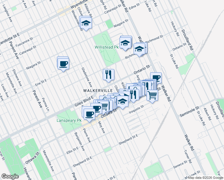 map of restaurants, bars, coffee shops, grocery stores, and more near 1220 Windermere Road in Windsor